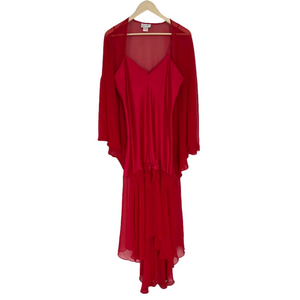 Vintage Red Satin Night Dress Robe & Gown Set Sheer Robe Bow Evening Old Money